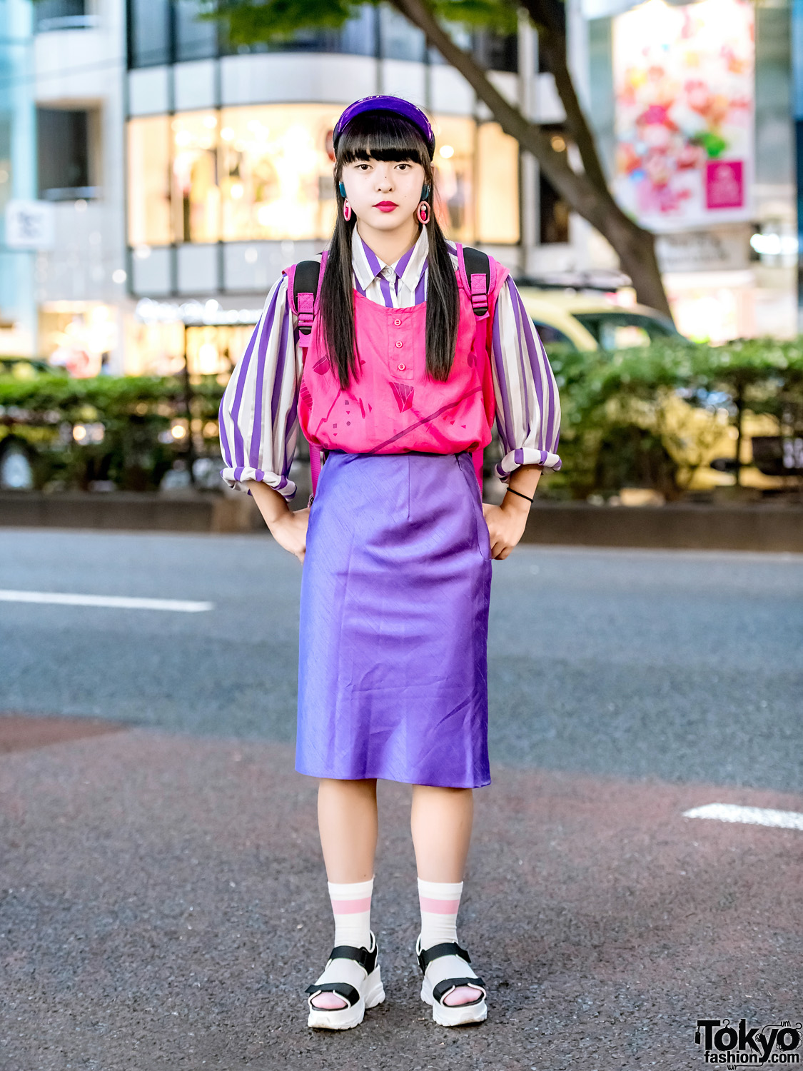 Pink & Purple Harajuku Street Style w/ RRR Show Room, WEGO Platform Sandals & Disney Villain Kids Backpack