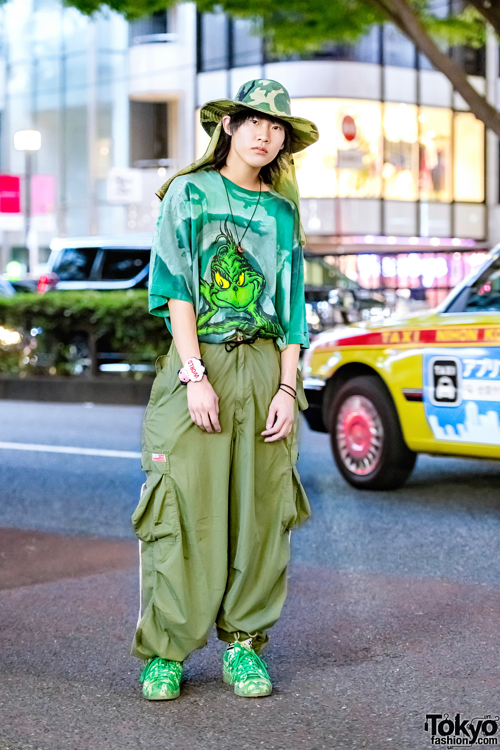 All Green Harajuku Street Style w/ The Grinch Shirt, UFO Parachute Pants, Hunting Hat, Adidas Sneakers & Walter Van Beirendonck Embroidered Watch