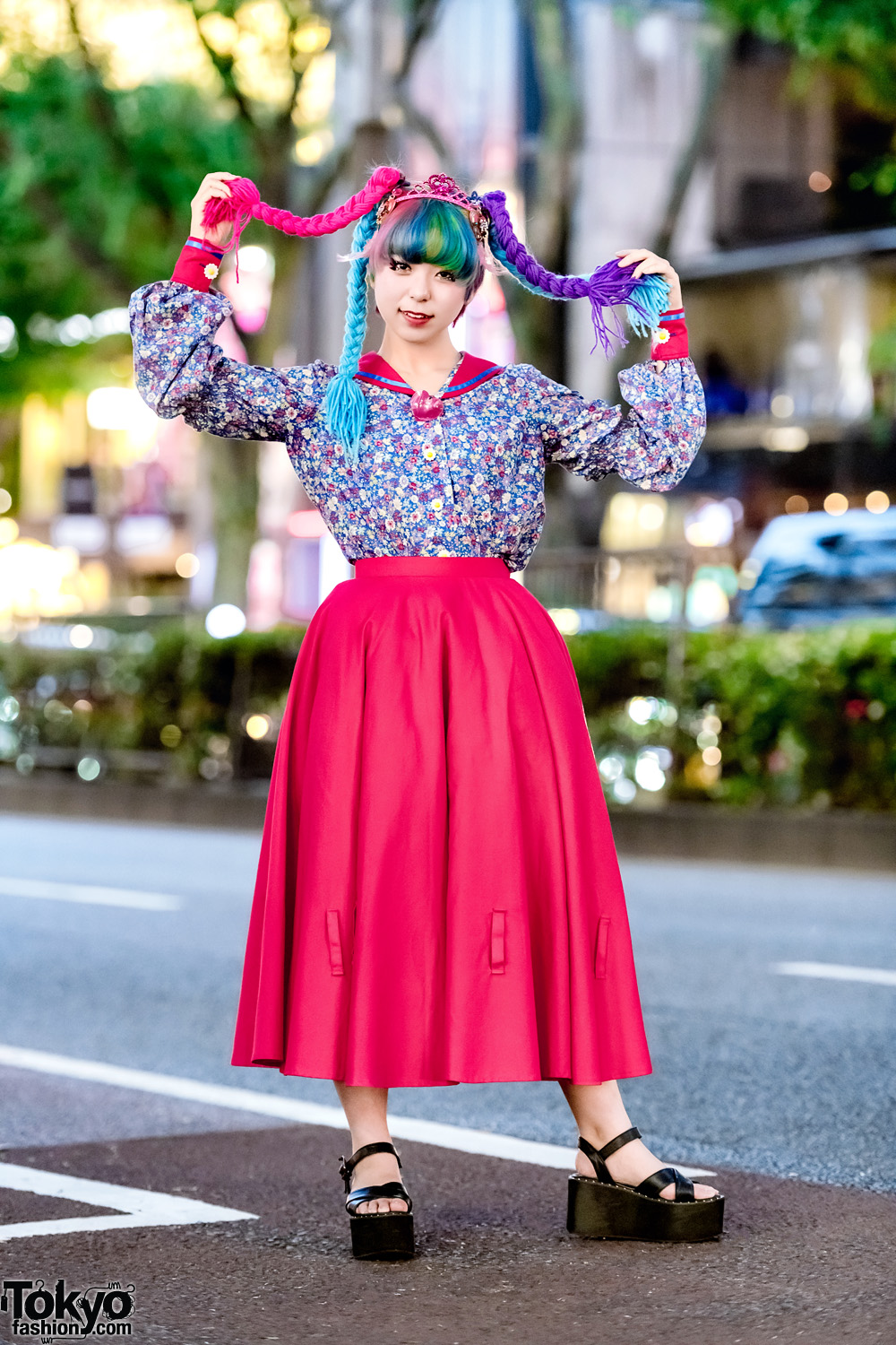 Harajuku Girl's Doll-inspired DIY Street Style w/ Colorful Yarn Hair, Sailor Blouse, Pleated Skirt & Tiara