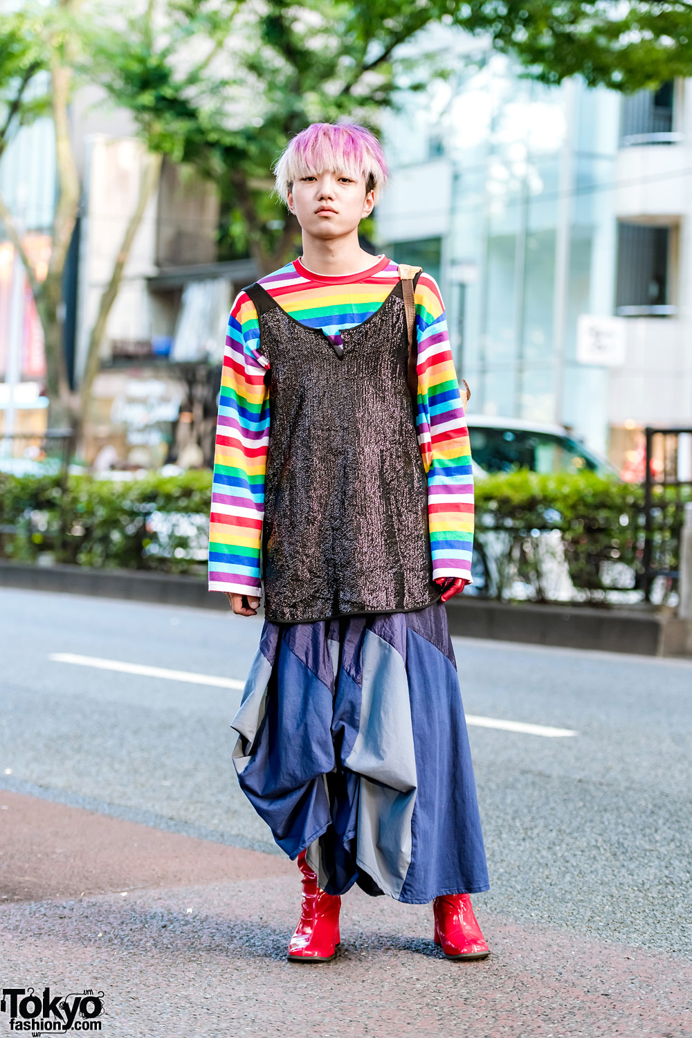Harajuku Guy in Kinji Embellished Top, WEGO Rainbow Shirt, Vintage Skirt, Kansai Yamamoto Bag & Vintage Red Boots