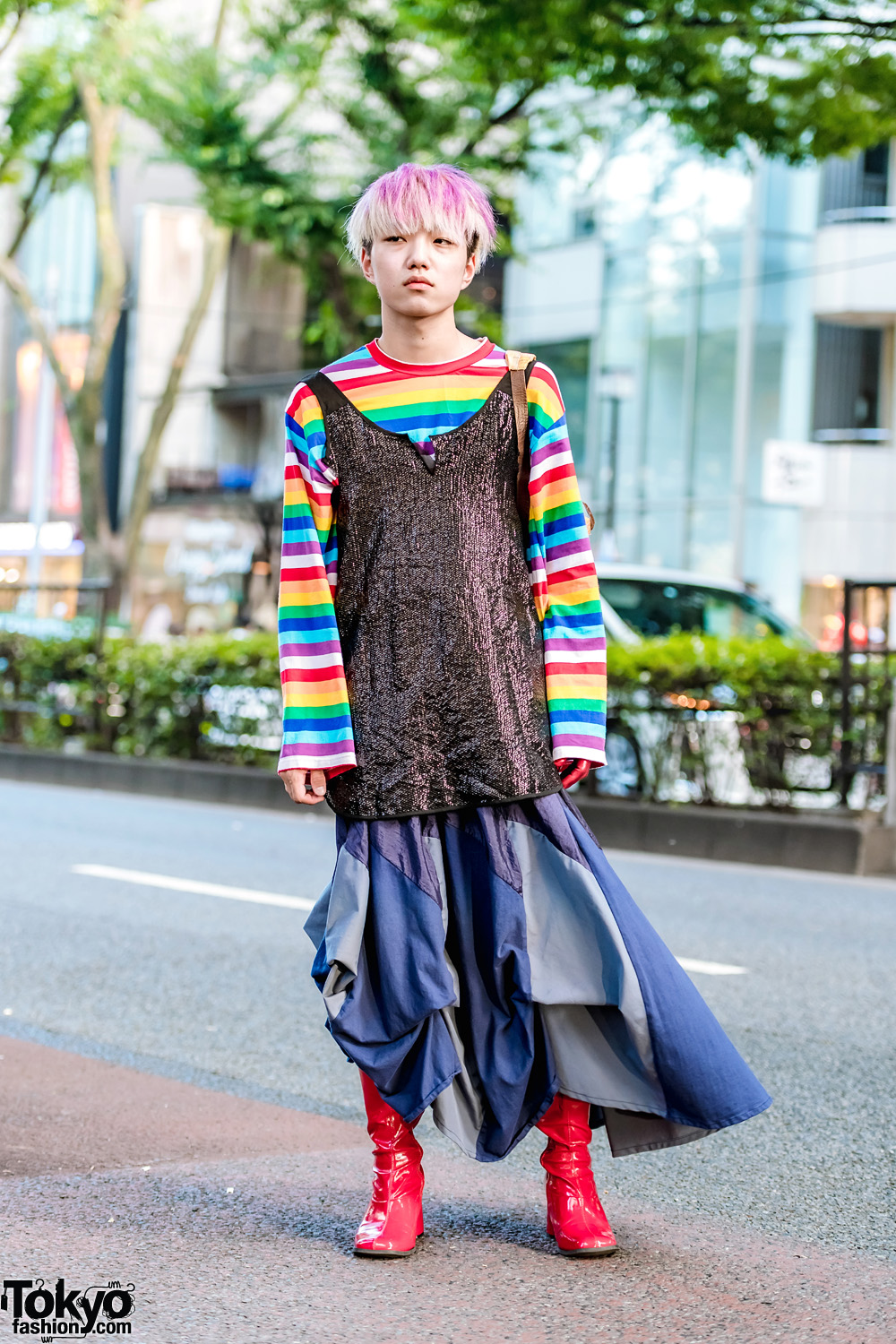 Harajuku Guy in Kinji Embellished Top, WEGO Rainbow Shirt, Vintage Skirt, Kansai  Yamamoto Bag & Vintage Red Boots – Tokyo Fashion