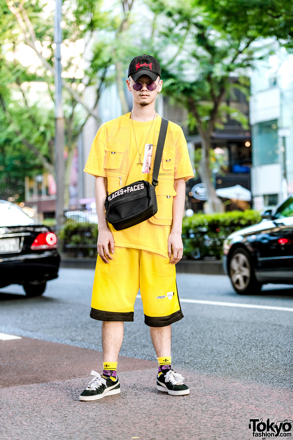 Harajuku Guy in Bright Yellow Streetwear Style w/ Stadium, Fubu, Places+Faces & Puma