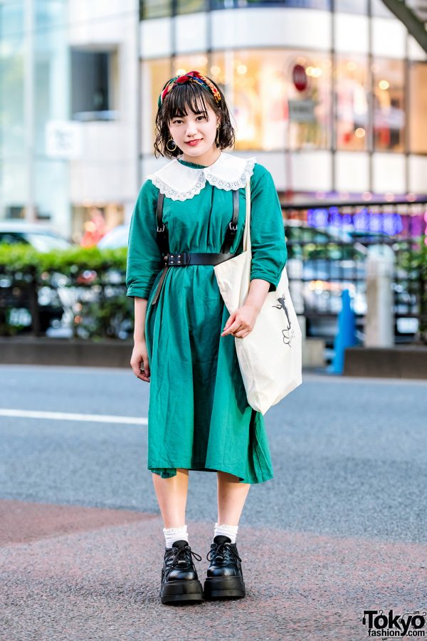 Harajuku Girl w/ Leather Harness Over Vintage Dress, Sans-Arcidet Bag & Demonia Platforms