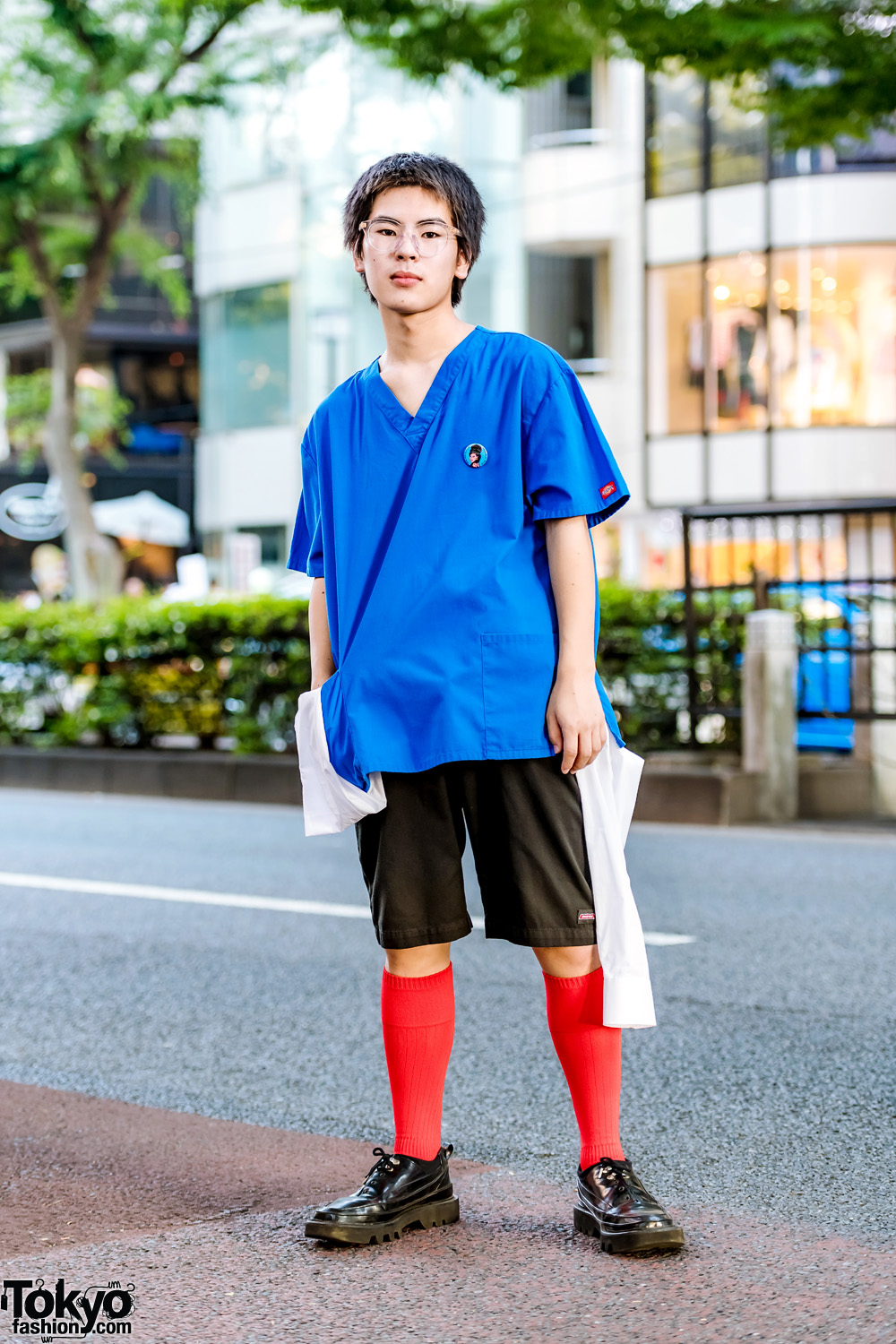 Tokyo Casual Streetwear Style w/ Dickies Top, Red Knee Socks, Dickies Shorts & Rombaut Shoes