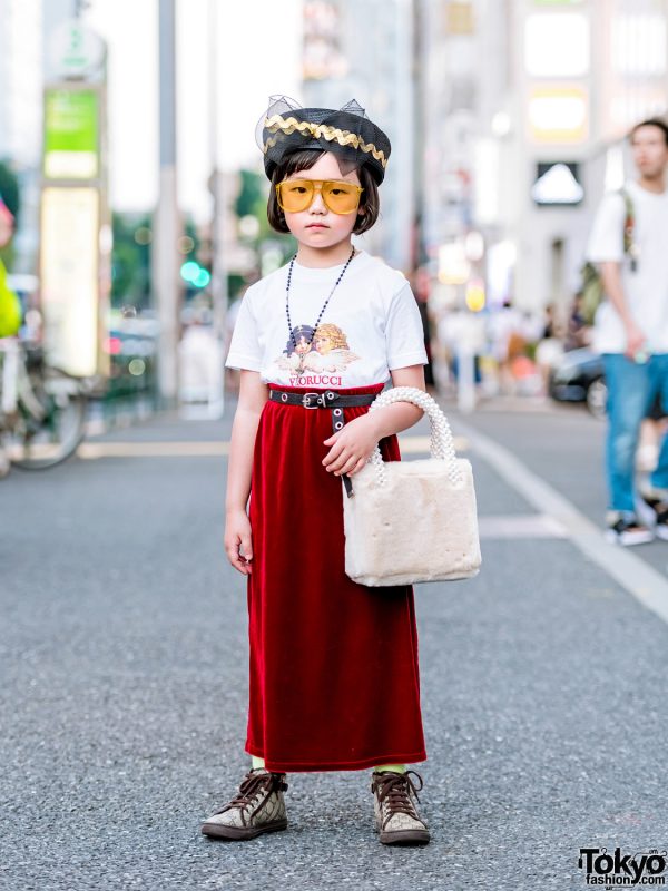 7-year-old Coco in Harajuku w/ Fiorucci T-Shirt, Vintage Velvet Skirt, Gucci Sneakers & Pillbox Hat