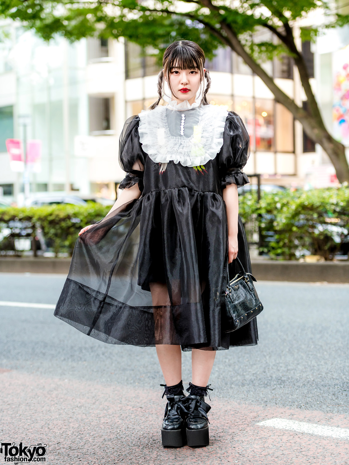 Harajuku Girl in HEIHEI Sheer Ruffle Monochrome Dress & Ribbon Laces Platforms