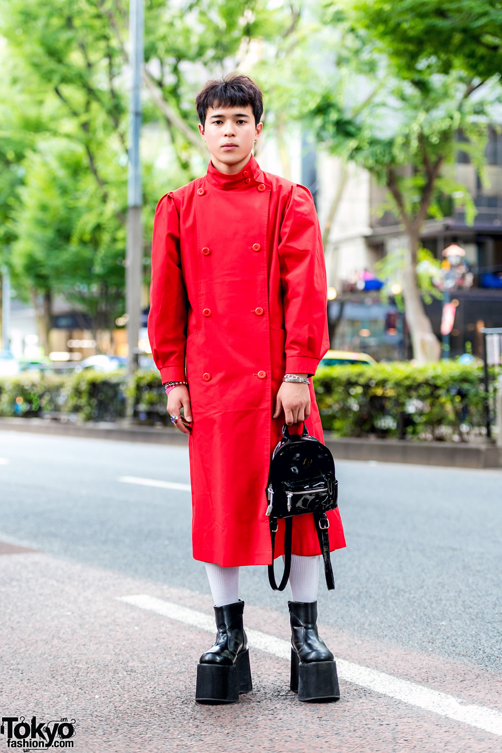 Red & Black Harajuku Street Style w/ Red Coat, Funtasma Platform Boots & Forever21 Mini Backpack