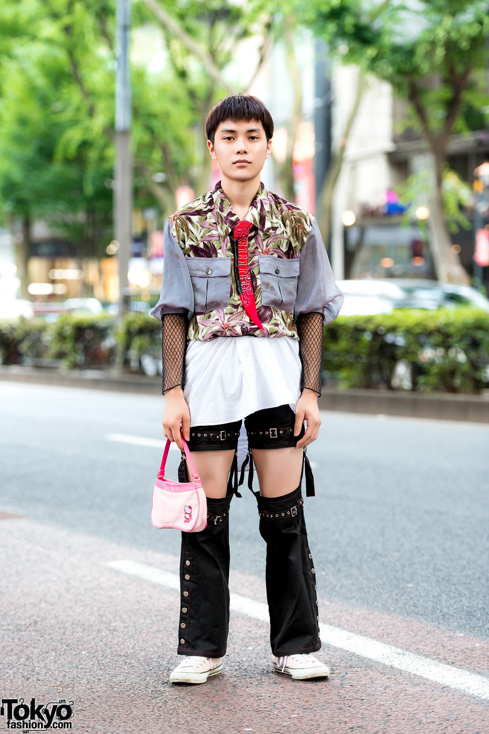 Japanese Street Style w/ Floral Print Shirt, Cut Out Pants, Converse Sneakers & Hello Kitty Handbag