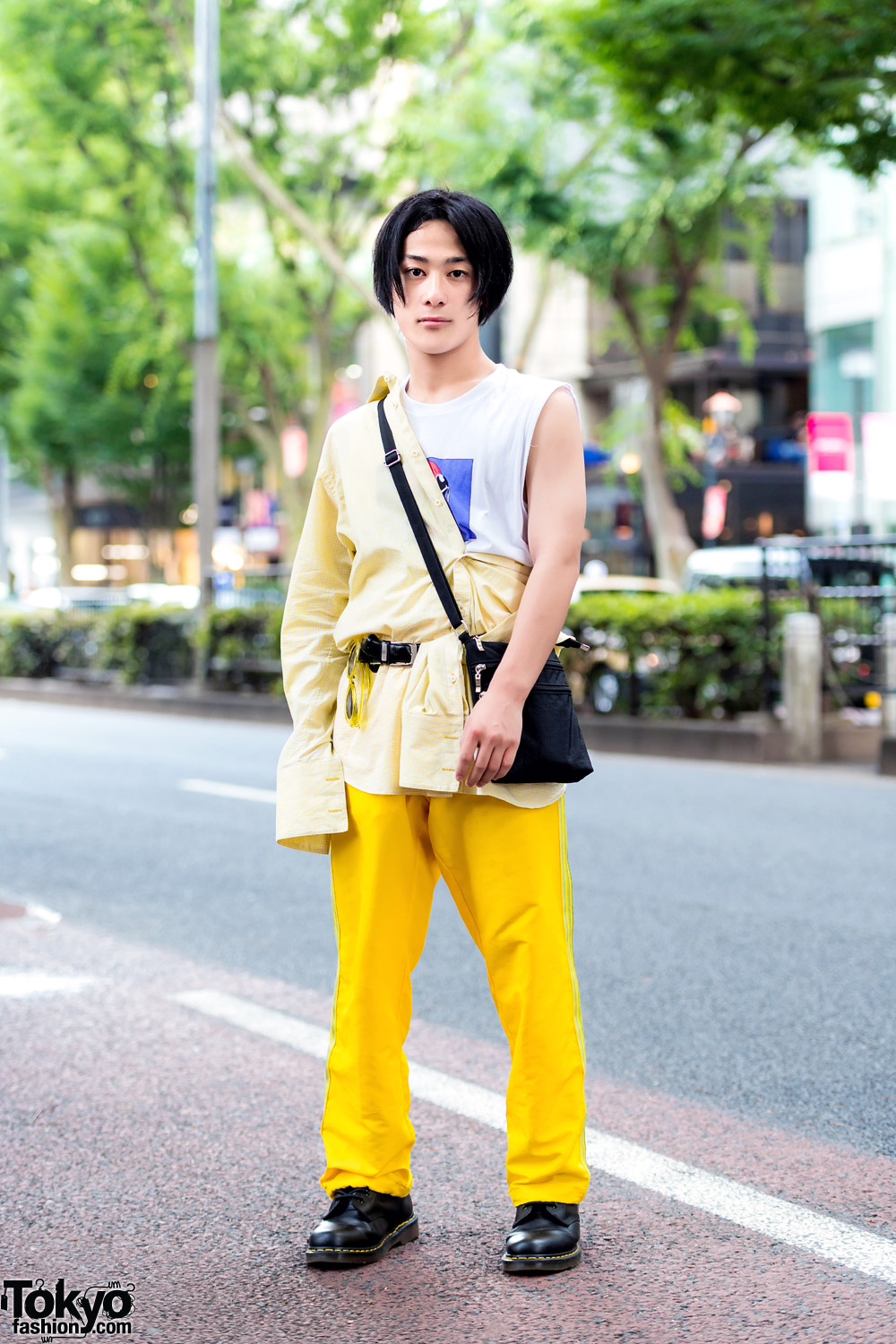 Yellow Harajuku Street Style w/ Gingham Shirt, Sleeveless Top, Yellow Pants & Dr. Martens Boots