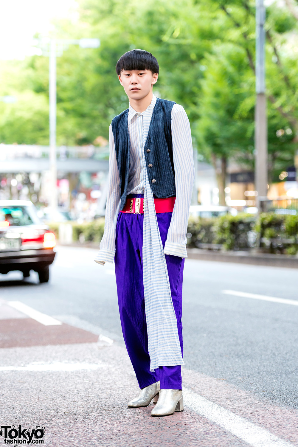 Retro Vintage Street Style w/ Suede Vest, Alexander McQueen Striped Shirt, Purple Pants & Maison Margiela Silver Boots
