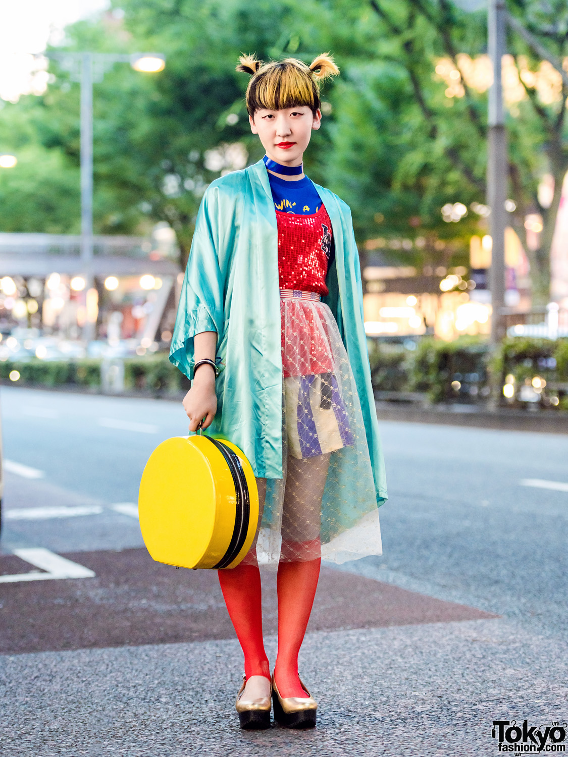 Vintage Harajuku Street Style w/ Satin Jacket, Sequin Top, Sheer Skirt & Toga Platforms
