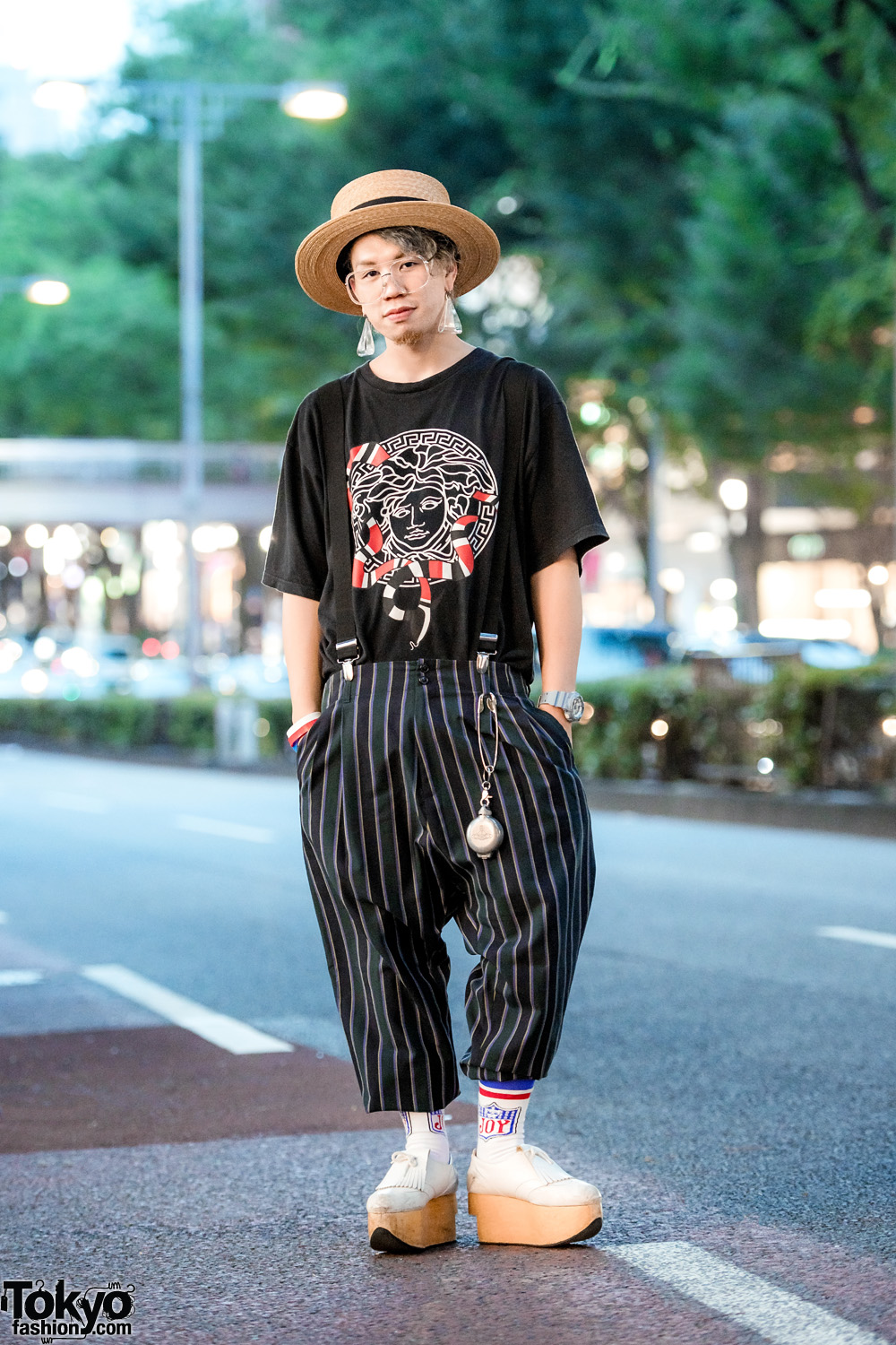 Harajuku Mens Street Style w/ Quite Well T-Shirt, Striped Pants, Suspenders & Vivienne Westwood Rocking Horse Shoes