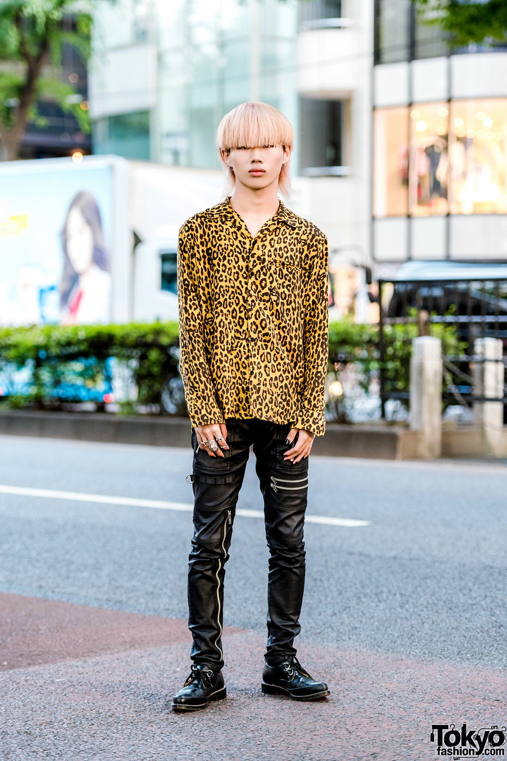 Hysteric Glamour Leopard Print Shirt, 99%IS- Leather Pants & George Cox D Ring Creepers in Harajuku