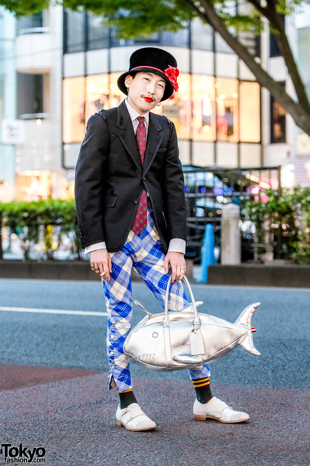 Japanese Street Style w/ Thom Browne, Hilditch & Key, Cheaney And Sons, Charles Jeffrey, Top Hat & Shark Bag