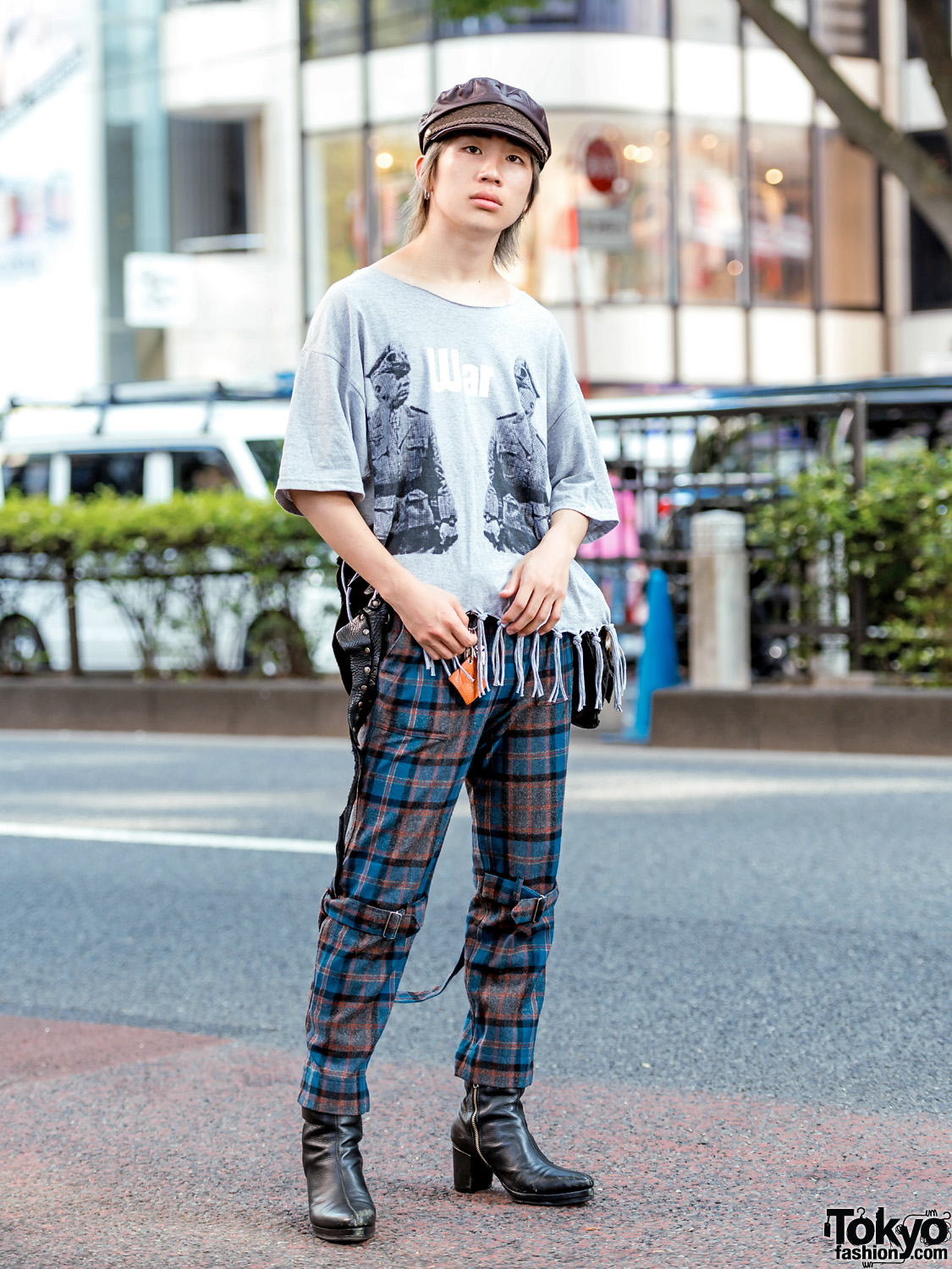 Harajuku Fringe & Plaid Street Style w/ Banal Chic Bizarre, Phingerin Bondage Pants, Leather Boots, Newsboy Cap & Vintage Waist Bag