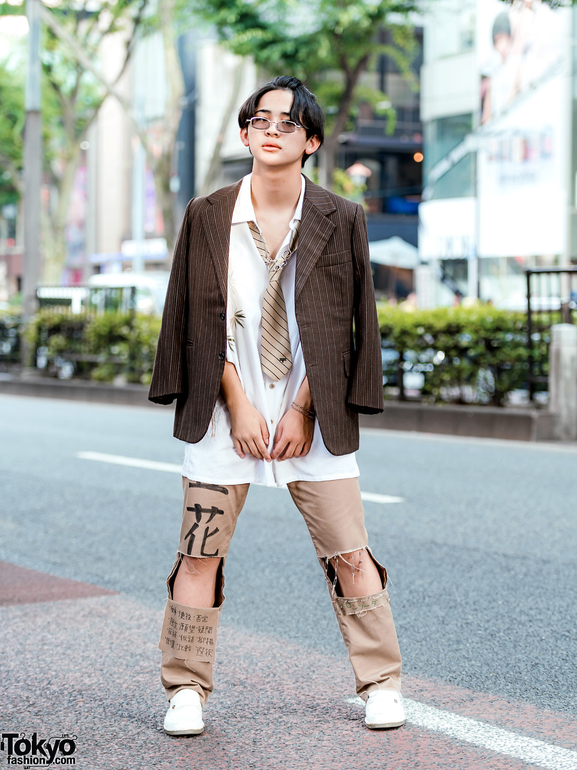 Vintage Harajuku Streetwear Fashion w/ Pinstripe Blazer, Striped Necktie, Kanji Print Ripped Pants & White Loafers