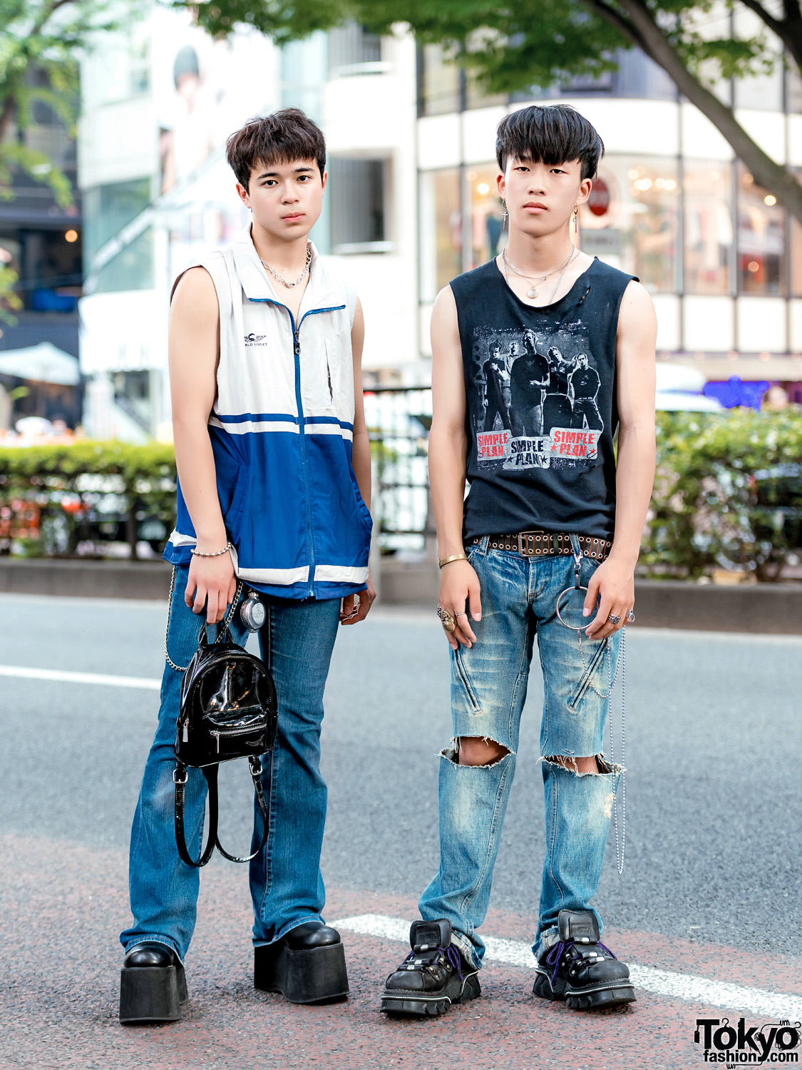 Harajuku Casual Mens' Street Styles w/ Simple Plan Top, Funtasma Tall Boots, Forever 21 Mini-Backpack, Vivienne Westwood Flask Keychain & New Rock Sneakers