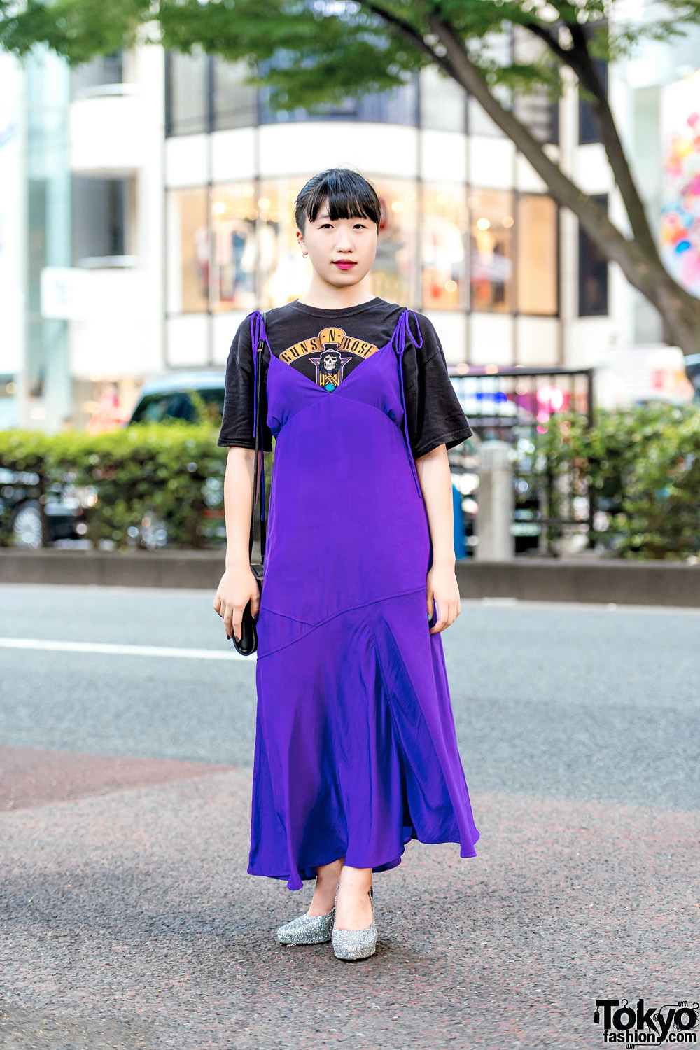 Casual Layered Street Style in Harajuku w/ Vintage Guns N' Roses Tee, K3 Dress, Croon A Song Glitter Shoes & Vintage Sling Bag