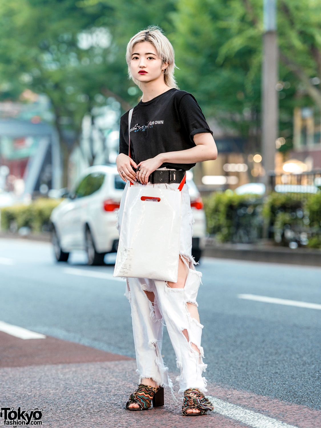 Monochrome Streetwear Style w/ Blonde Shaggy Hair, Salix T-Shirt, Ikumi Cutout Pants, Ruffle Sandals & MM6 Bag