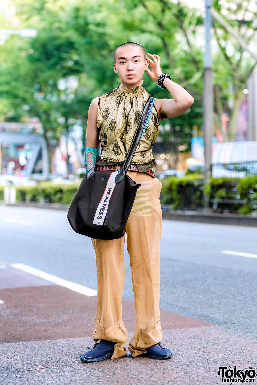 Tan Harajuku Streetwear w/ Vintage Mesh Top, Toga Sheer Pants, Reebok Sneakers & Longchamp x Shayne Oliver 