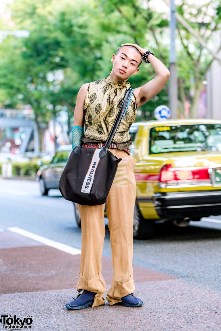 Tan Harajuku Streetwear w/ Vintage Mesh Top, Toga Sheer Pants, Reebok ...