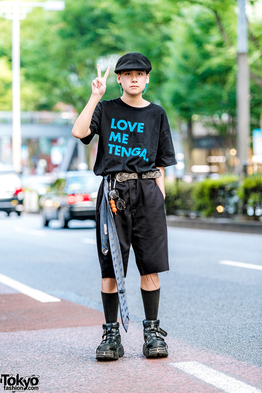 All Black Japanese Streetwear w/ Tenga T-Shirt, Dickies Shorts, New Rock Strap Shoes & BlackMeans Knuckle Duster Lighter Holder
