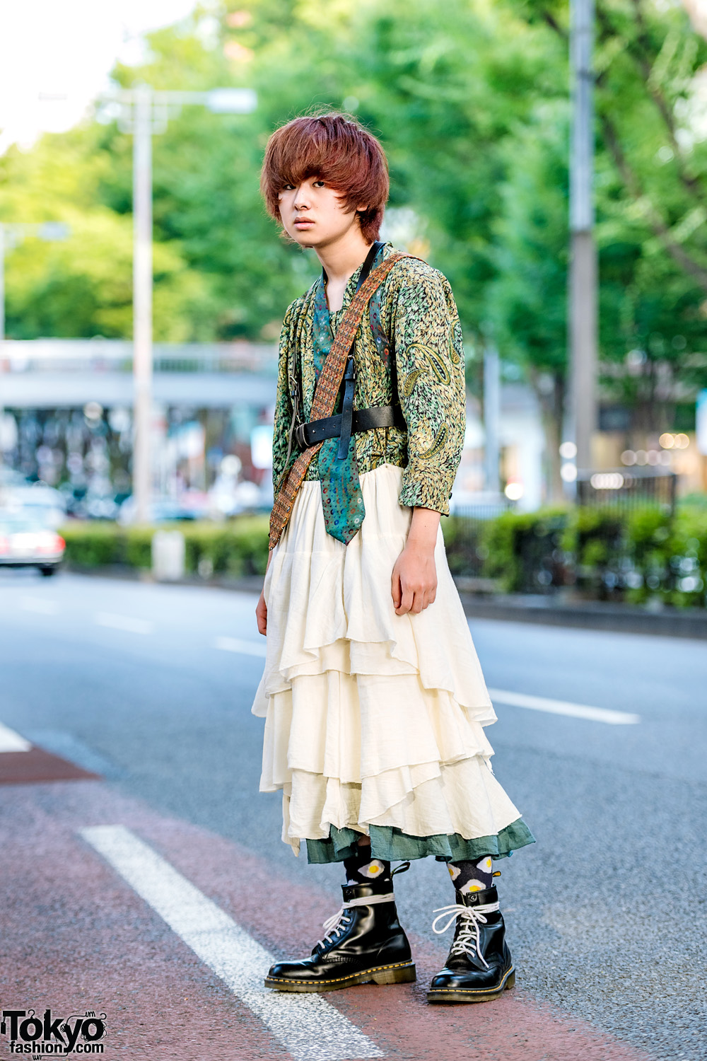 Double Neck Ties & Vintage Fashion in Harajuku w/ Leather Harness, Print Shirt, Tiered Skirt & Dr. Martens Boots