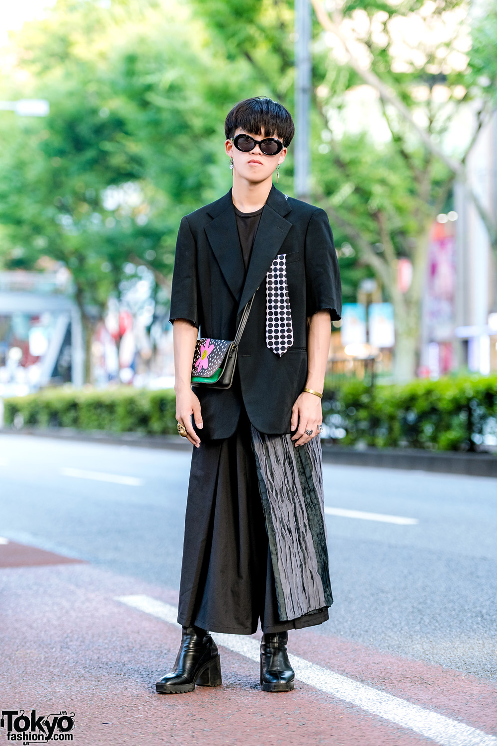 All Black Japanese Streetwear w/ Distressed Blazer, Polka Dot Necktie, Wide Leg Pants, Zara Ankle Boots & Sling Bag