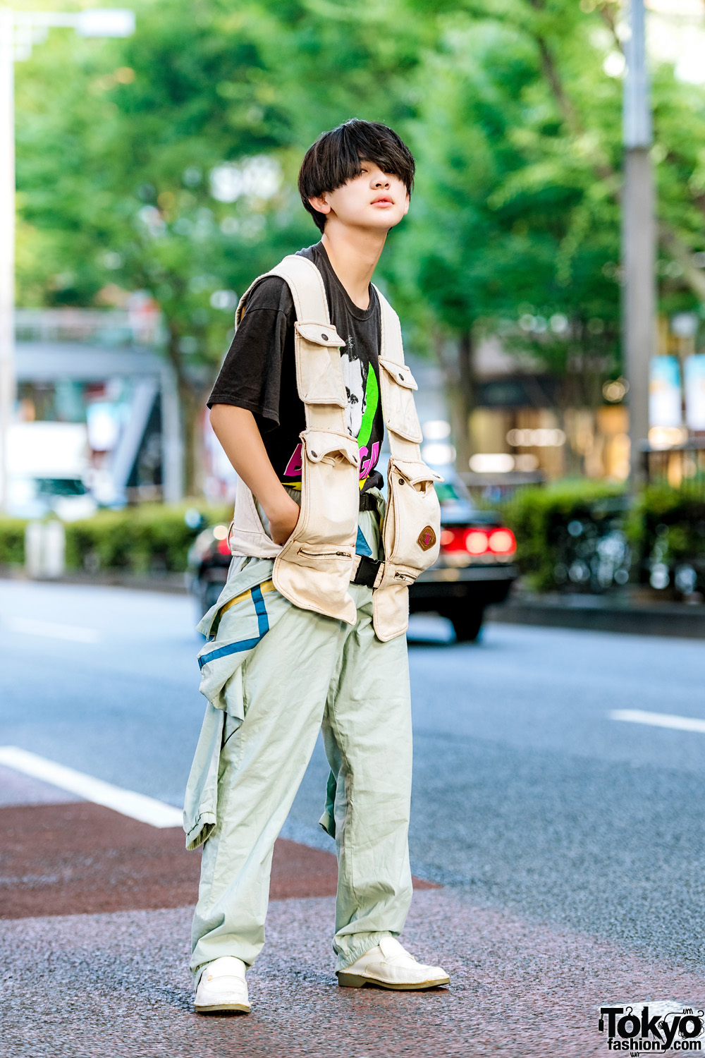 Sporty Street Style in Harajuku w/ Adidas Jacket & Track Pants, Big Bang Theory T-Shirt, Revo Jeans Multiple Pocket Vest & Penny Loafers