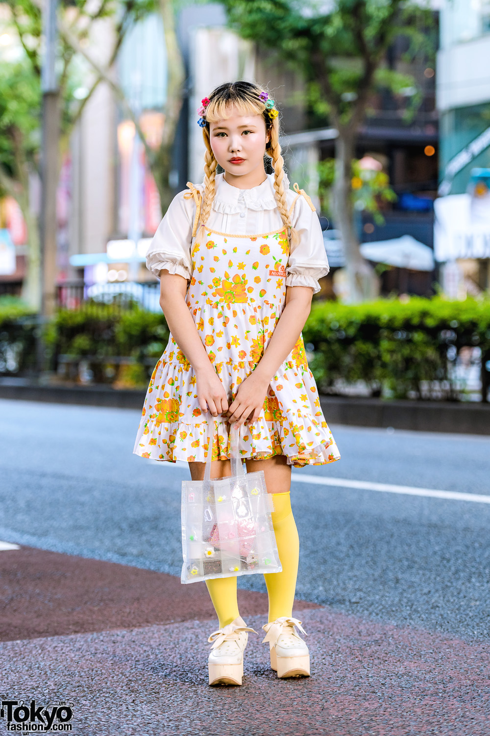 Yellow Harajuku Street Style w/ Twin Braids, Neon Moon Floral Dress, Ruffle Blouse, Tokyo Bopper Cutout Shoes & Yuriko Eto Tote