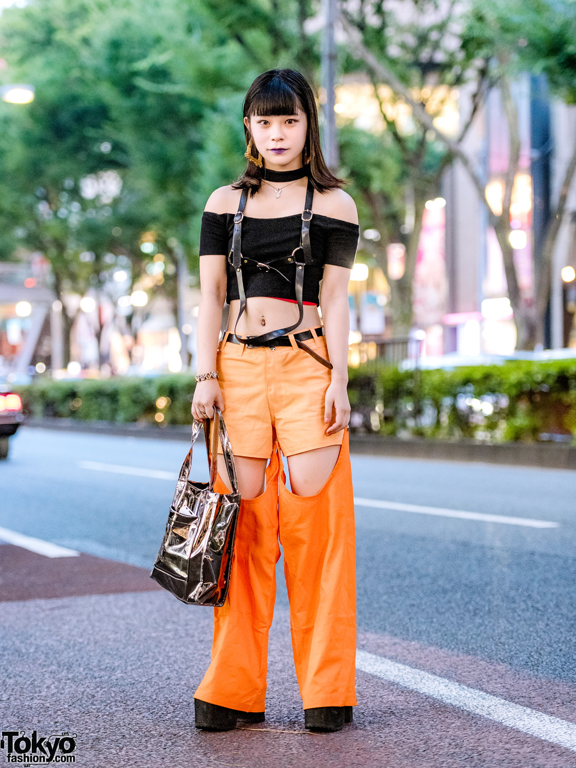 Orange-And-Black Edgy Streetwear in Harajuku w/ Bubbles Cropped Top, Pinnap Shorts w/ Stirrups, Oh Pearl, Bubbles & Opening Ceremony Tote
