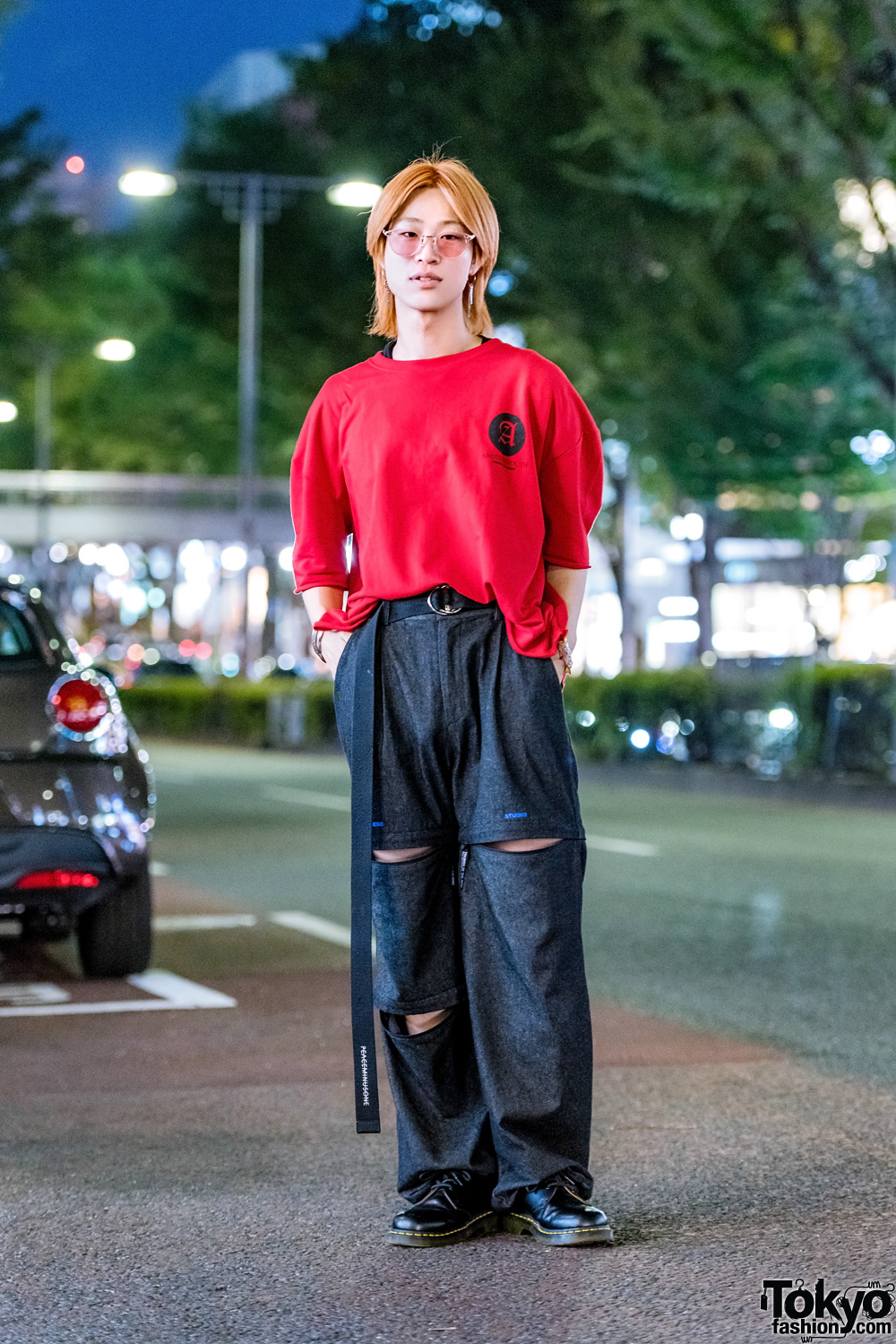 Japanese Hair Stylist's Street Style w/ Orange Shaggy Hair, Another Youth T-Shirt, ESC Studio Cutout Pants & Dr. Martens Boots