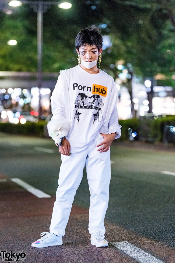 All White Harajuku Street Style w/ Pornhub Shirt, Vintage Pants, Prega Glitter Sneakers & Fox Cuff