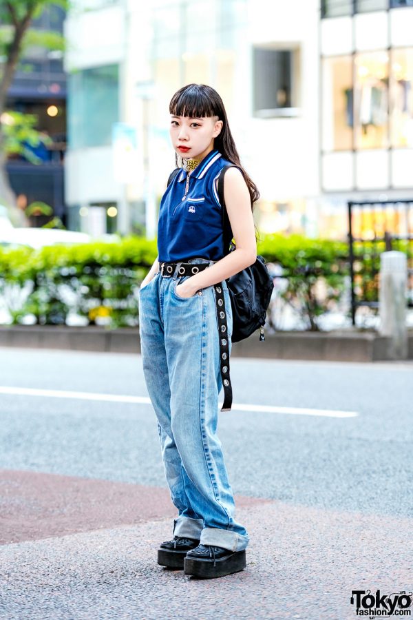 Vintage Harajuku Street Style w/ Baggy Jeans, Platform Creepers, Adidas Backpack & Livberty Choker