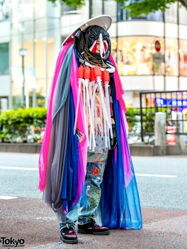 Conceptual Japanese Street Fashion w/ Statement Headpiece, Sheer Cape, Radd Lounge, Creepers & Painted Jeans