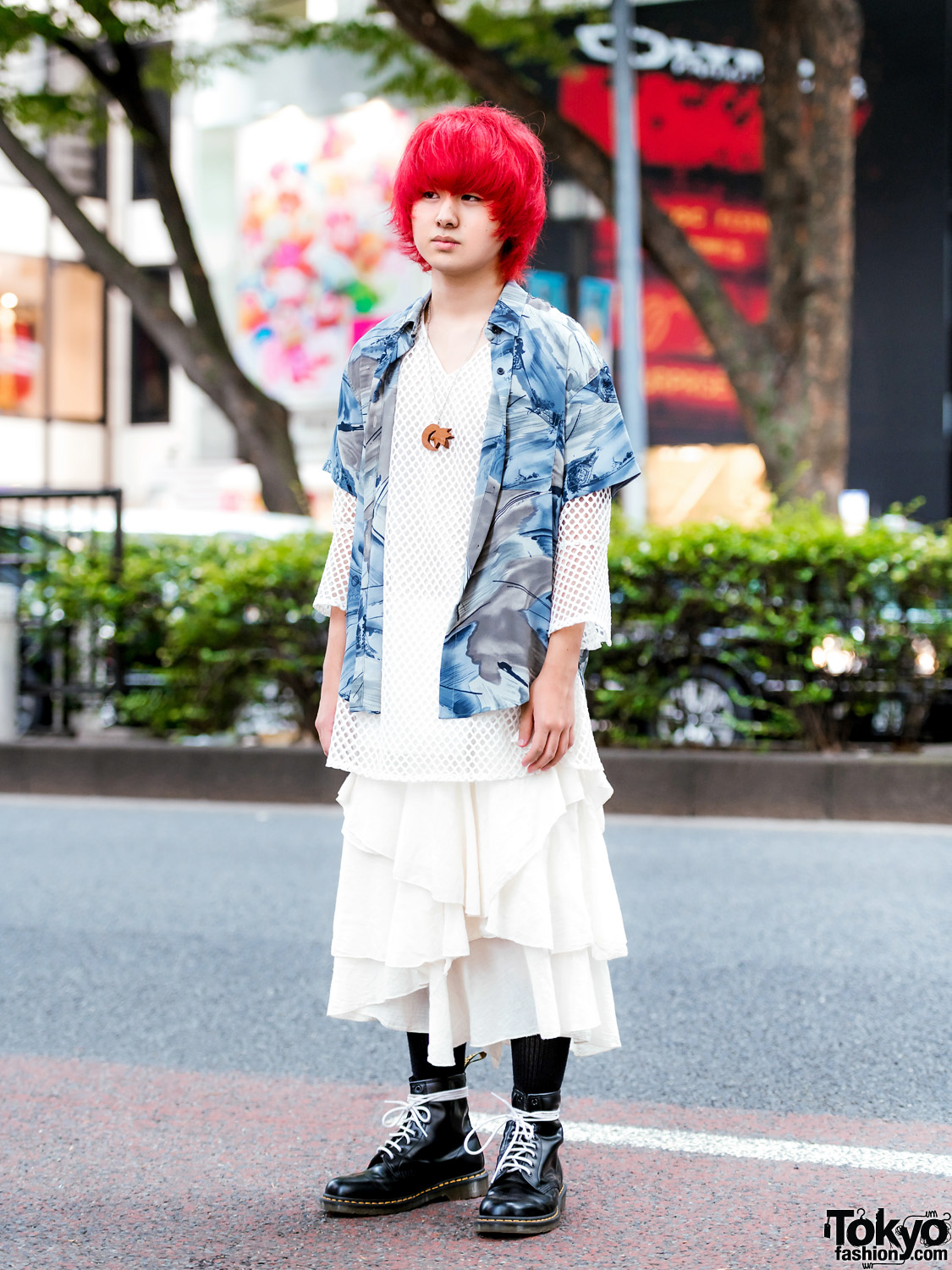 Vintage Harajuku Street Style w/ Red Bob, Mesh Top, Tiered Skirt & Dr. Martens Boots
