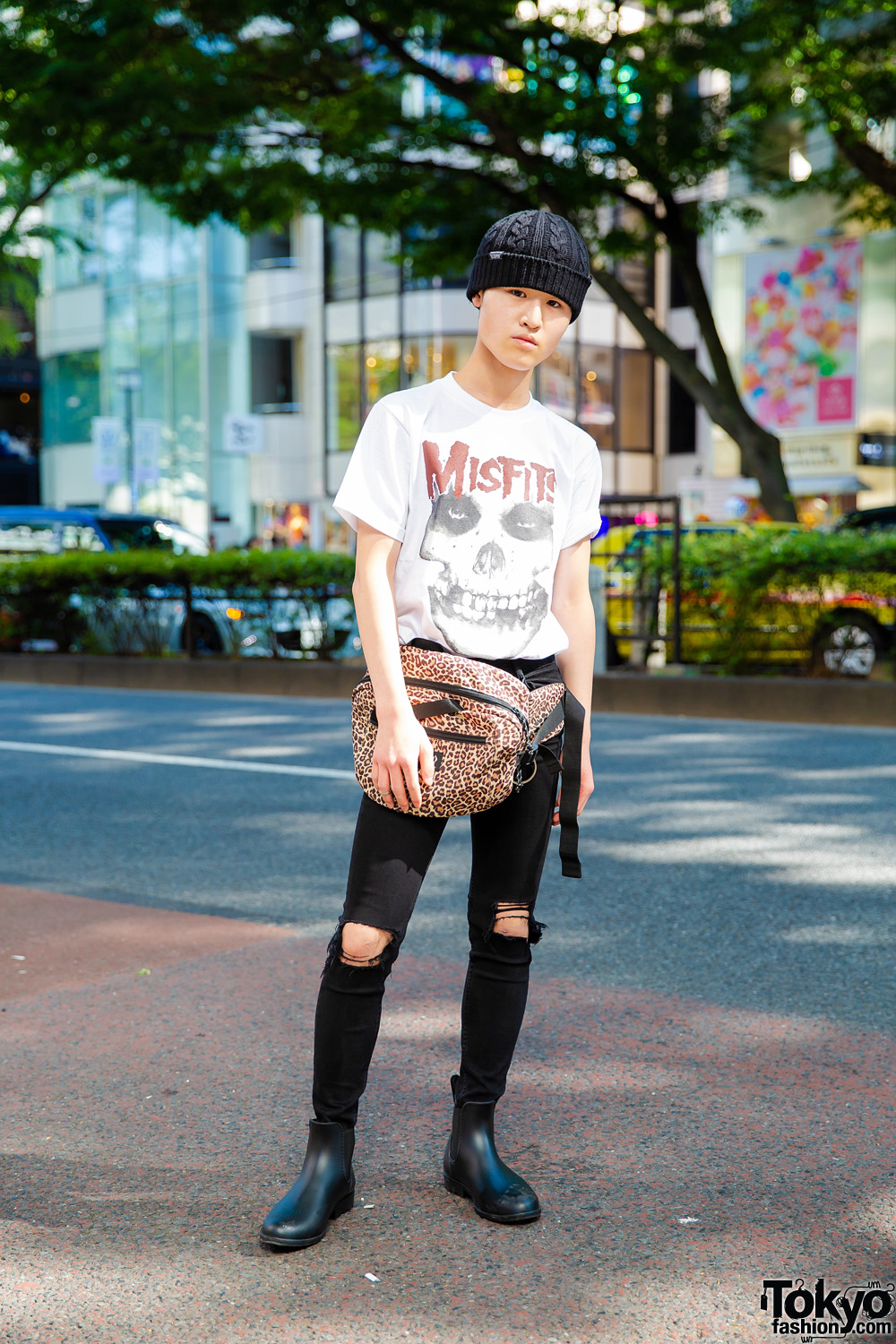 Harajuku Guy in Misfits Tee & Animal Print Bag w/ Wall of Fame, Rose Bud, Thrasher & Hito1