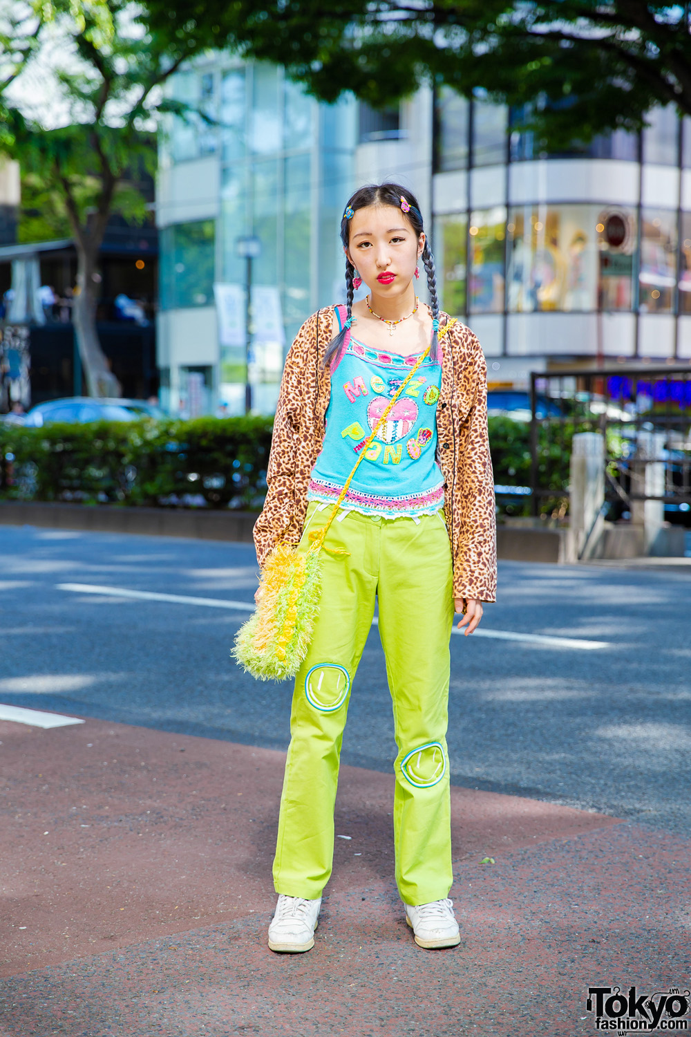 Tokyo Street Style w/ Banny Leopard Print Jacket, Mezzo Piano Top, Mouse Green Pants, Pinnap Accessories & Mau Mau Bag