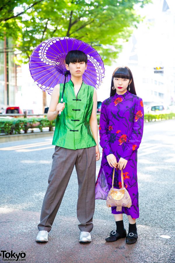 Purple Japanese Parasol, Purple Floral Dress & Comme des Garcons Street Style in Harajuku