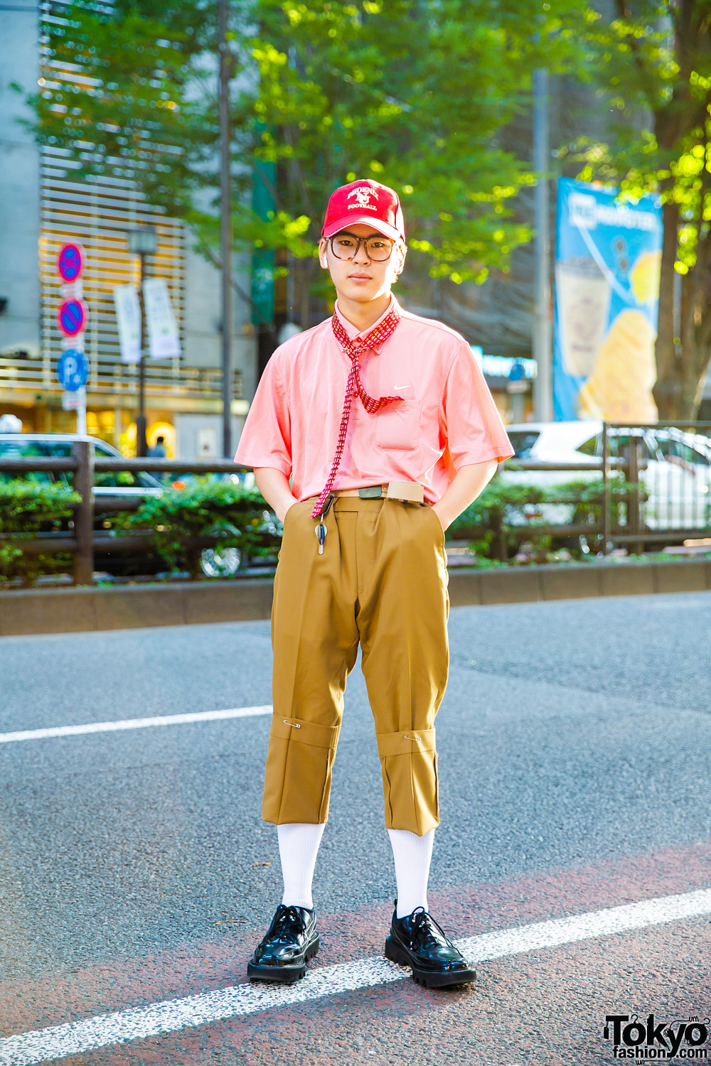 Harajuku Streetwear Style w/ Safety Pin Tie, Pink Striped Top, Soe Cuffed Pants & Rombaut Shoes