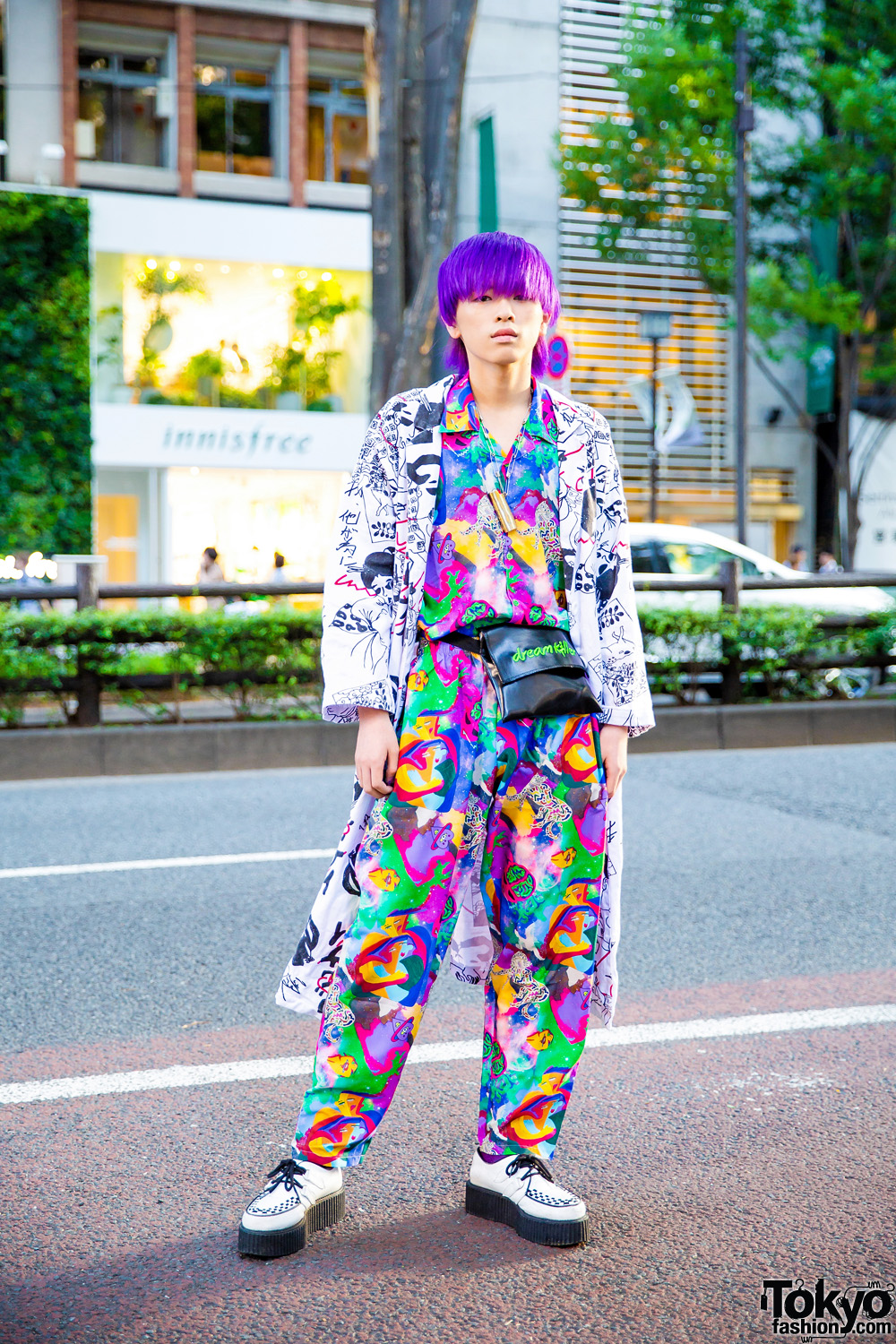 Purple Haired Harajuku Guy in Mixed Prints Kobinai Japan Streetwear Style