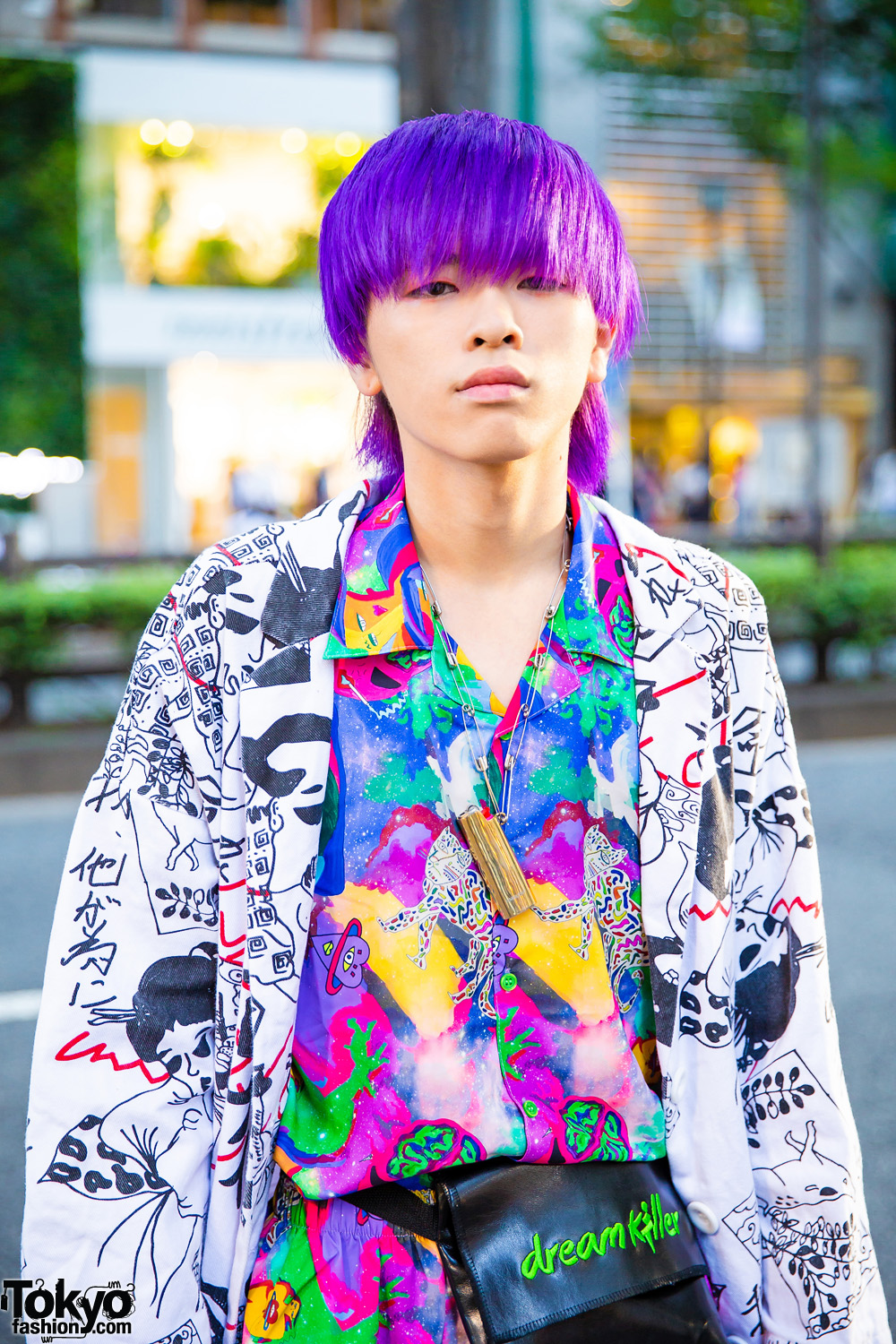 Purple Haired Harajuku Guy In Mixed Prints Kobinai Japan Streetwear