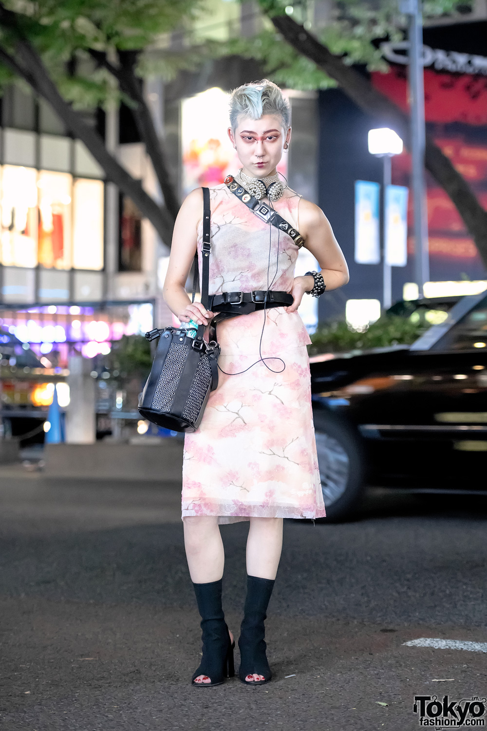 Japanese Artist in Harajuku w/ Vivienne Tam Dress, Studded Heaphones, Diesel Gold & Vintage Fashion