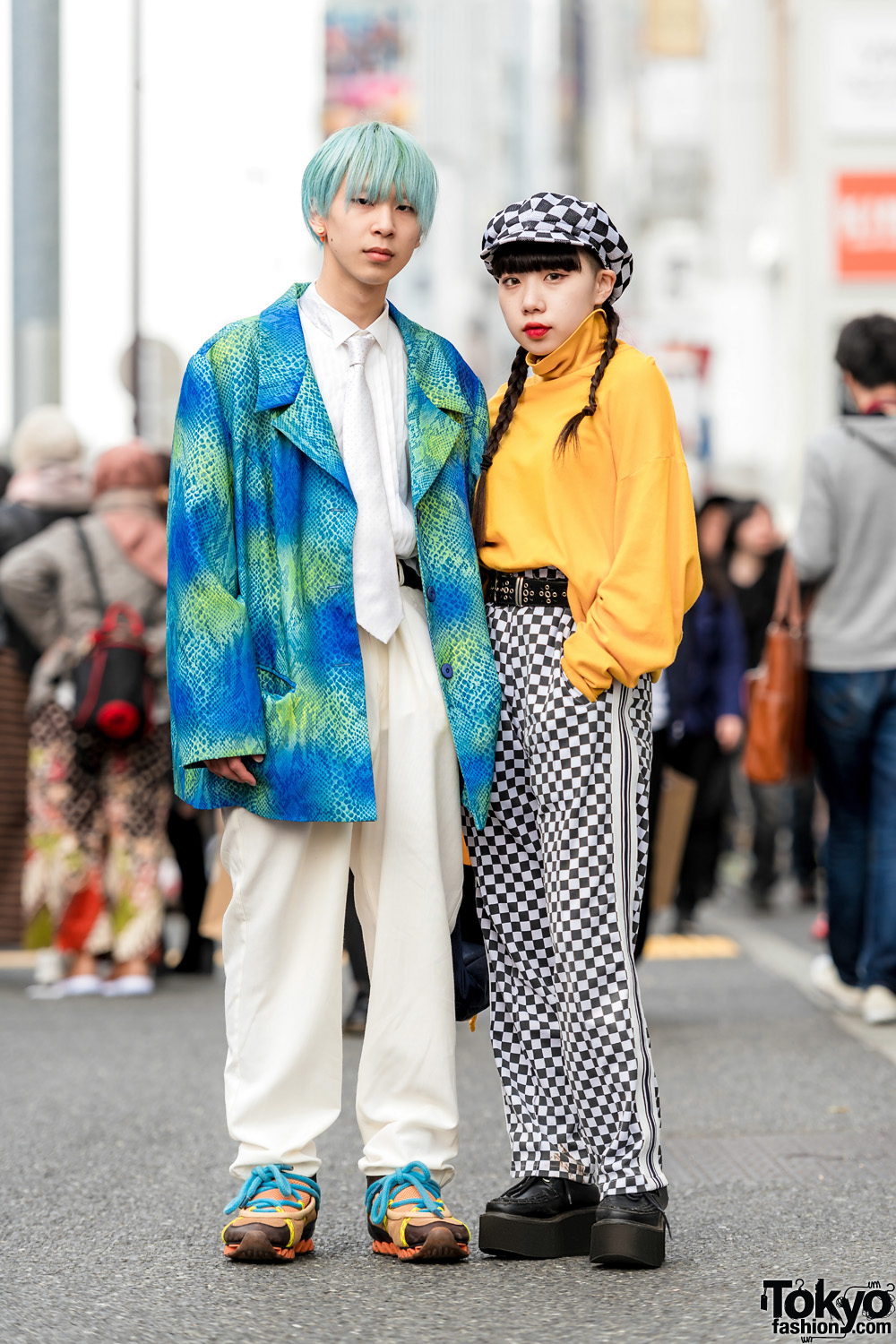 Harajuku Duo's Streetwear Styles w/ Snakeskin Blazer, Gap Turtleneck Sweater, Never Mind the XU Checkerboard Pants, Bernhard Willhelm Sneakers & Adidas Waist Bag