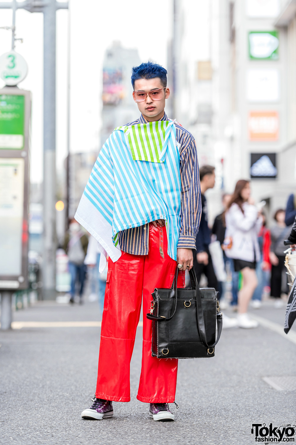 Harajuku Guy w/ Blue Hair, Mikio Sakabe Deconstructed Jacket, Striped Banana Republic Top, Red Pants & Converse Purple Sneakers