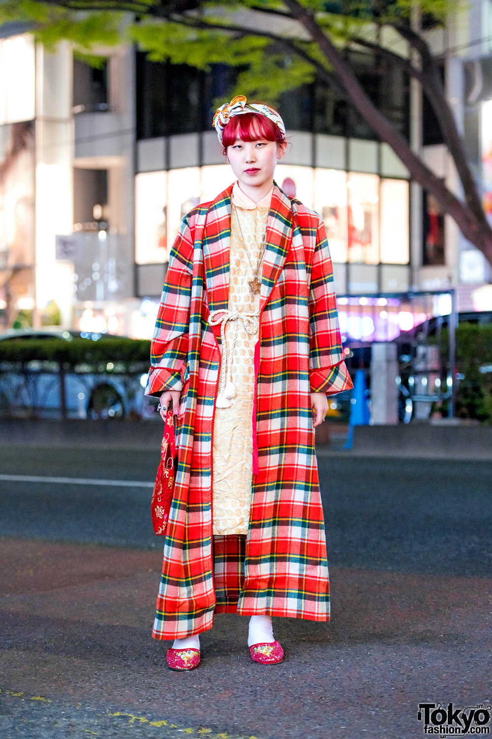 Retro Vintage Harajuku Fashion w/ Long Plaid Coat, Paisley Dress, Sequin Shoes, Floral Tote & Rope Belt