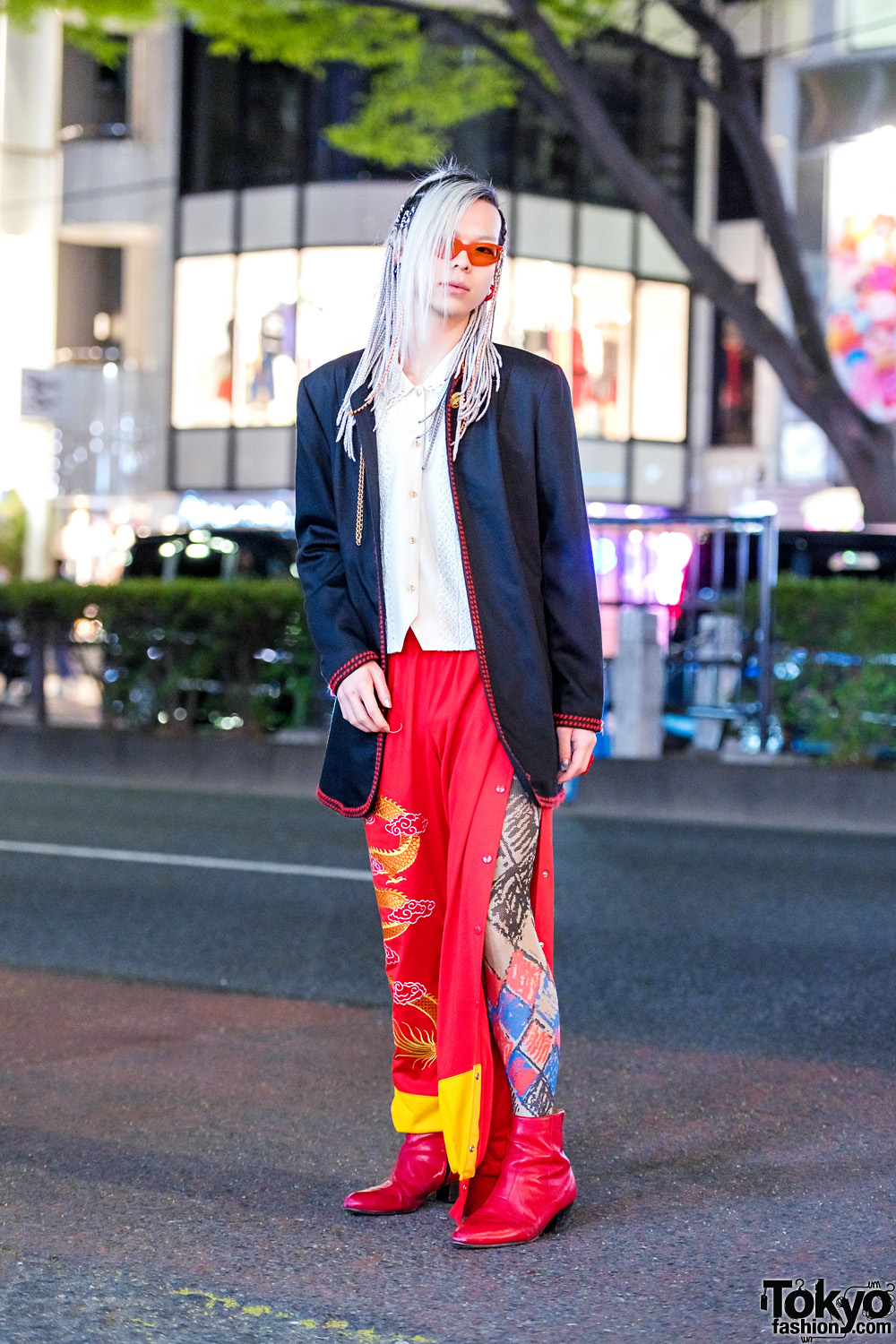 Red Dragon Print Pants & Red Heeled Boots Harajuku Vintage Streetwear Style