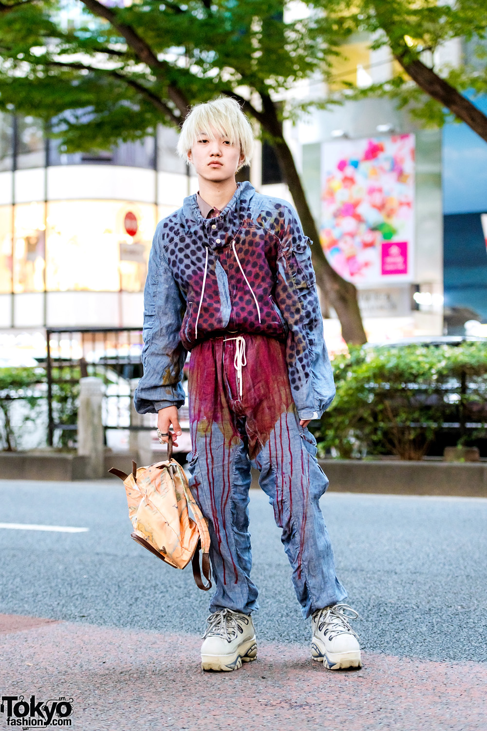 Harajuku Denim Street Style w/ Blonde Hair, Nozomi Ishiguro Hoodie, Matching Pants, Sneakers & Kansai Yamamoto Map Backpack