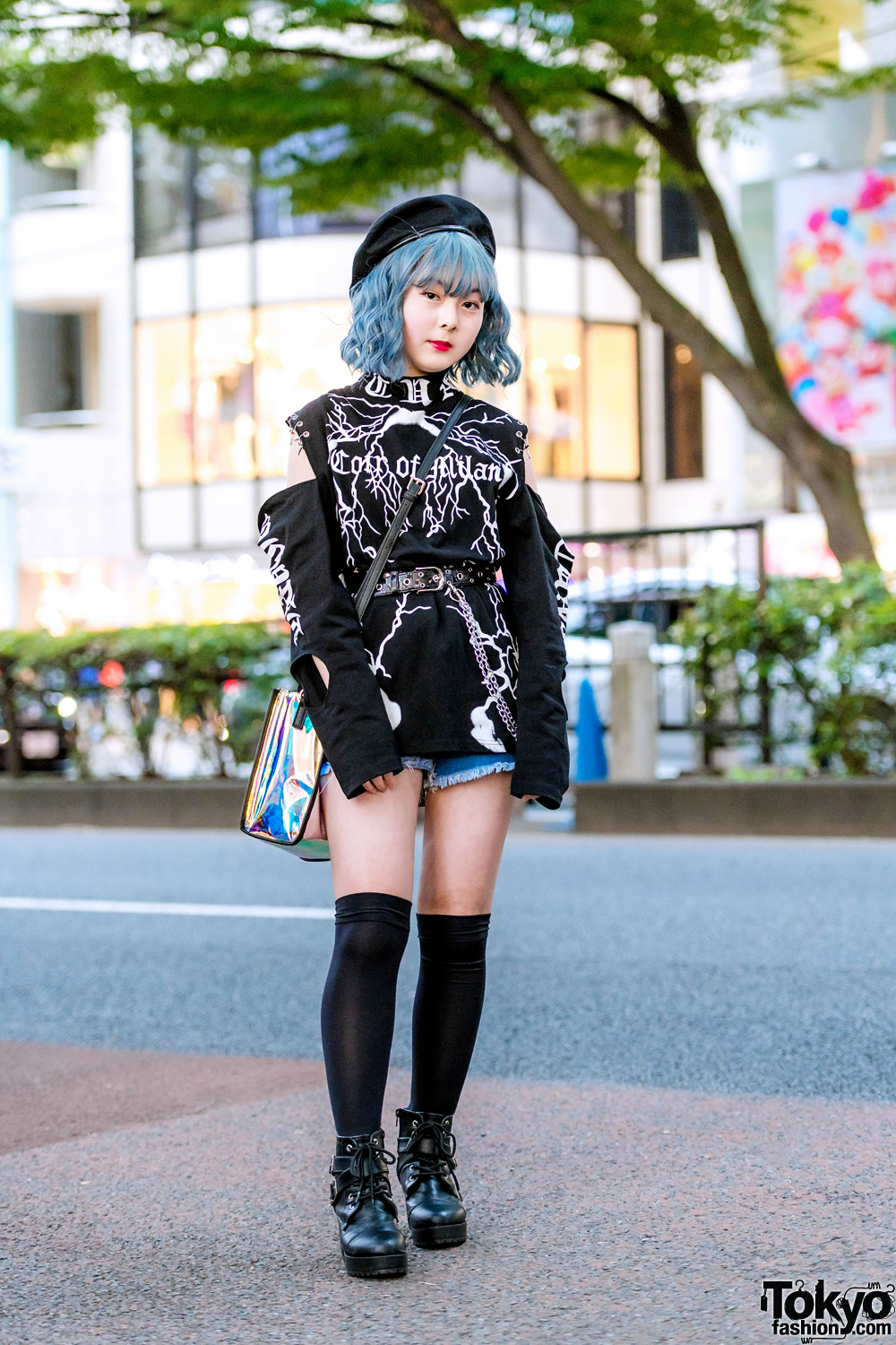Monochrome Print Street Style in Harajuku w/ Blue Hair, Cut-Out Shoulder Top, Denim Shorts, Ankle Boots & Sling Bag