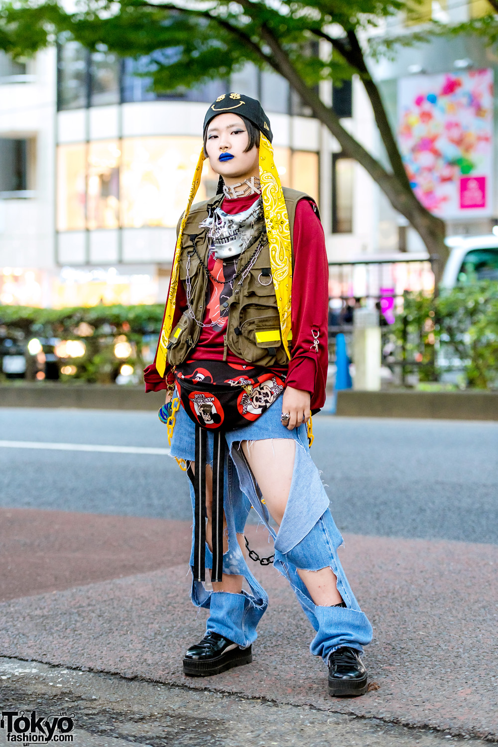 Statement Remake Street Style in Harajuku w/ Growing Pains, Cut Out Jeans, Fenty x Puma Sneakers, Dog Harajuku Skull Necklace & Joyrich Mickey Mouse Club Waist Bag